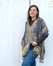 Load image into Gallery viewer, Grey and Gold Reversible Paisley Pashmina Draped Shawl