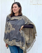 Load image into Gallery viewer, Grey and Gold Reversible Paisley Pashmina Draped Shawl