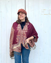 Load image into Gallery viewer, Burgundy and Gold Reversible Paisley Pashmina Draped Shawl