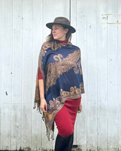 Load image into Gallery viewer, Royal and Copper Reversible Paisley Pashmina Draped Shawl