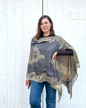 Load image into Gallery viewer, Grey and Gold Reversible Paisley Pashmina Draped Shawl
