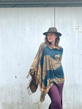 Load image into Gallery viewer, Teal and Gold Reversible Paisley Pashmina Draped Shawl