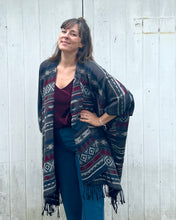 Load image into Gallery viewer, Burgundy, Grey and Blue Southwestern Print Blanket Poncho