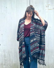 Load image into Gallery viewer, Burgundy, Grey and Blue Southwestern Print Blanket Poncho
