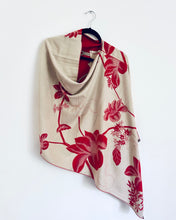 Load image into Gallery viewer, Reversible Tan and Red Floral Cashmere Feel Draped Shawl