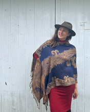 Load image into Gallery viewer, Royal and Copper Reversible Paisley Pashmina Draped Shawl