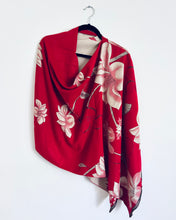 Load image into Gallery viewer, Reversible Red and Tan Floral Cashmere Feel Draped Shawl