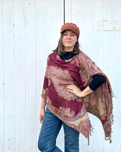 Load image into Gallery viewer, Burgundy and Gold Reversible Paisley Pashmina Draped Shawl