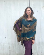 Load image into Gallery viewer, Teal and Gold Reversible Paisley Pashmina Draped Shawl