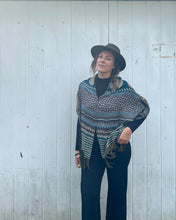 Load image into Gallery viewer, Teal and Gold Reversible Tribal Pashmina Draped Shawl
