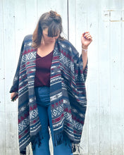 Load image into Gallery viewer, Burgundy, Grey and Blue Southwestern Print Blanket Poncho