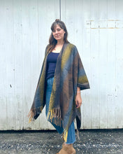 Load image into Gallery viewer, Navy and Taupe Feather Print Blanket Poncho