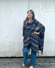 Load image into Gallery viewer, Burgundy, Grey and Blue Southwestern Print Blanket Poncho