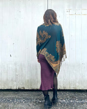 Load image into Gallery viewer, Teal and Gold Reversible Paisley Pashmina Draped Shawl