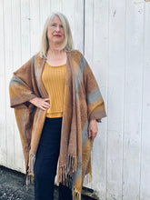 Load image into Gallery viewer, Tan and Mustard Feather Print Blanket Poncho