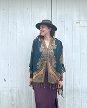 Load image into Gallery viewer, Teal and Gold Reversible Paisley Pashmina Draped Shawl