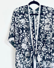 Load image into Gallery viewer, Black and White Rose and Border Sheer Kimono