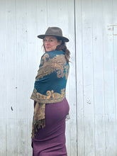 Load image into Gallery viewer, Teal and Gold Reversible Paisley Pashmina Draped Shawl