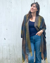 Load image into Gallery viewer, Navy and Taupe Feather Print Blanket Poncho