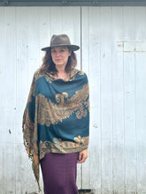 Load image into Gallery viewer, Teal and Gold Reversible Paisley Pashmina Draped Shawl