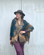 Load image into Gallery viewer, Teal and Gold Reversible Paisley Pashmina Draped Shawl