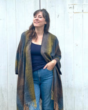 Load image into Gallery viewer, Navy and Taupe Feather Print Blanket Poncho
