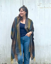 Load image into Gallery viewer, Navy and Taupe Feather Print Blanket Poncho