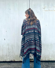 Load image into Gallery viewer, Burgundy, Grey and Blue Southwestern Print Blanket Poncho