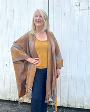 Load image into Gallery viewer, Tan and Mustard Feather Print Blanket Poncho