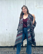 Load image into Gallery viewer, Burgundy, Grey and Blue Southwestern Print Blanket Poncho