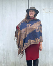 Load image into Gallery viewer, Royal and Copper Reversible Paisley Pashmina Draped Shawl