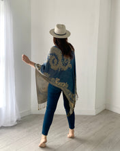 Load image into Gallery viewer, Denim Blue Reversible Paisley Pashmina Draped Shawl