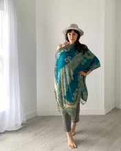 Load image into Gallery viewer, Turquoise and Tan Reversible Paisley Pashmina Draped Shawl
