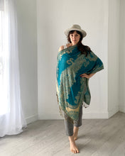 Load image into Gallery viewer, Turquoise and Tan Reversible Paisley Pashmina Draped Shawl