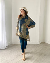 Load image into Gallery viewer, Denim Blue Reversible Paisley Pashmina Draped Shawl