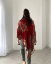 Load image into Gallery viewer, Burgundy and Mint Paisley Pashmina Draped Shawl
