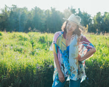 Load image into Gallery viewer, Blue, Pink and Yellow Abstract Floral Sheer Kimono