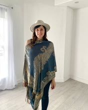 Load image into Gallery viewer, Denim Blue Reversible Paisley Pashmina Draped Shawl