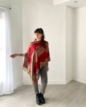 Load image into Gallery viewer, Burgundy and Mint Paisley Pashmina Draped Shawl