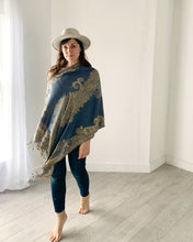 Load image into Gallery viewer, Denim Blue Reversible Paisley Pashmina Draped Shawl