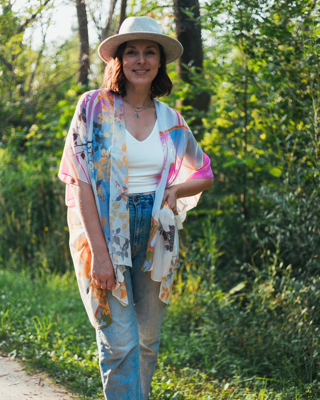 Bright Pink, Blue and Orange Abstract Floral Sheer Kimono