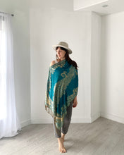 Load image into Gallery viewer, Turquoise and Tan Reversible Paisley Pashmina Draped Shawl