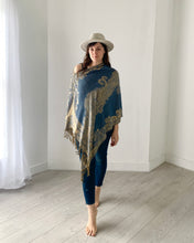 Load image into Gallery viewer, Denim Blue Reversible Paisley Pashmina Draped Shawl