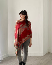 Load image into Gallery viewer, Burgundy and Mint Paisley Pashmina Draped Shawl