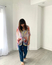 Load image into Gallery viewer, Purple and Pink Floral Ultra Sheer Kimono