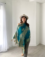 Load image into Gallery viewer, Turquoise and Tan Reversible Paisley Pashmina Draped Shawl