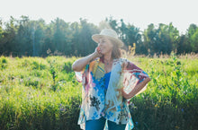 Load image into Gallery viewer, Blue, Pink and Yellow Abstract Floral Sheer Kimono