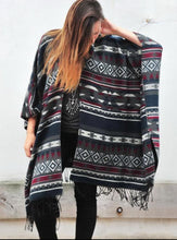 Load image into Gallery viewer, Grey and Burgundy Southwestern Print Blanket Poncho
