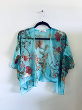 Load image into Gallery viewer, Turquoise Tropical Floral Sheer Cropped Kimono

