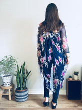 Load image into Gallery viewer, Navy Blue and Pink Flower Sheer Kimono